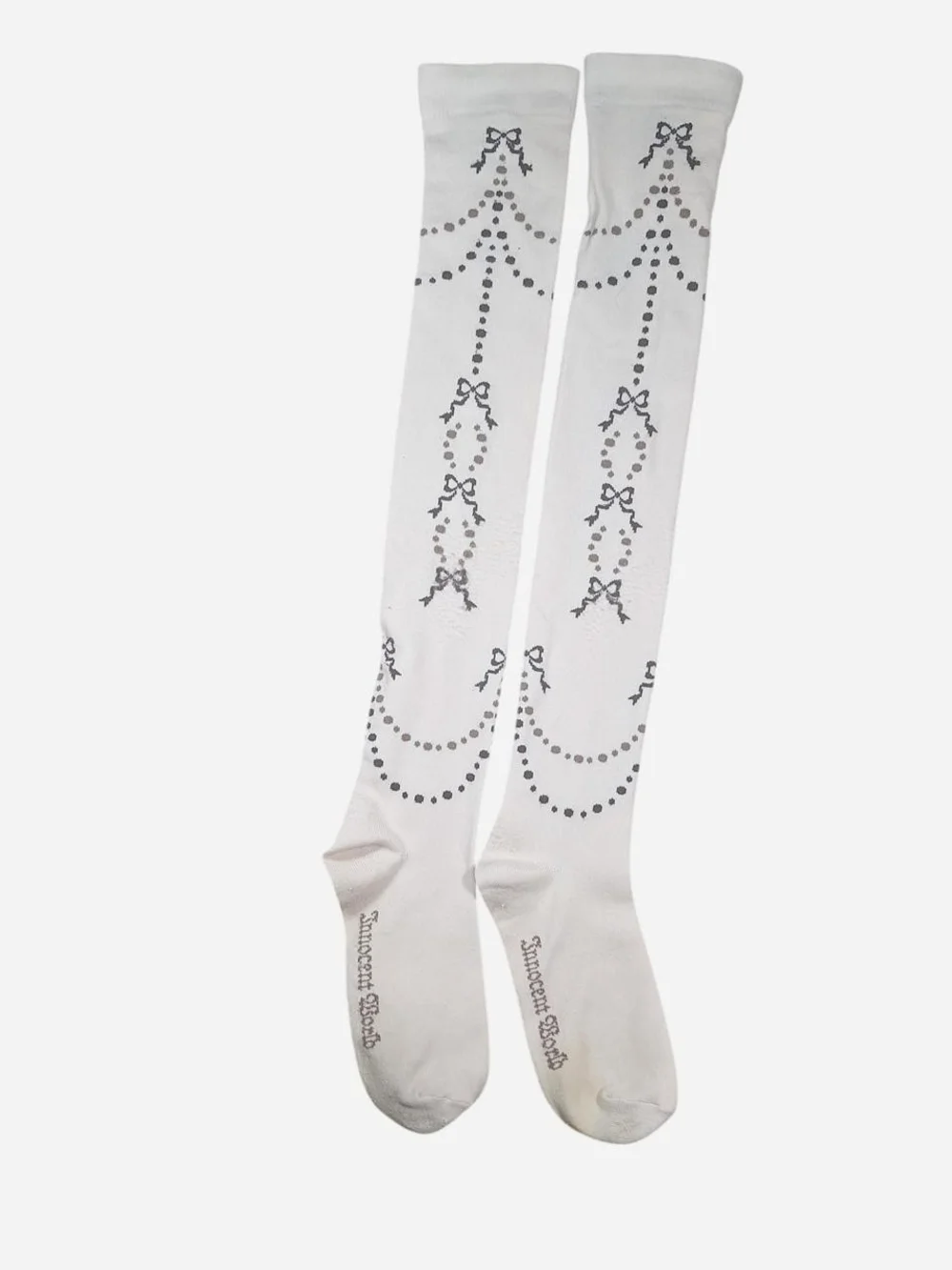 Innocent World Ivory Brown Bow Dot Garland OTK Socks | Classic Lolita